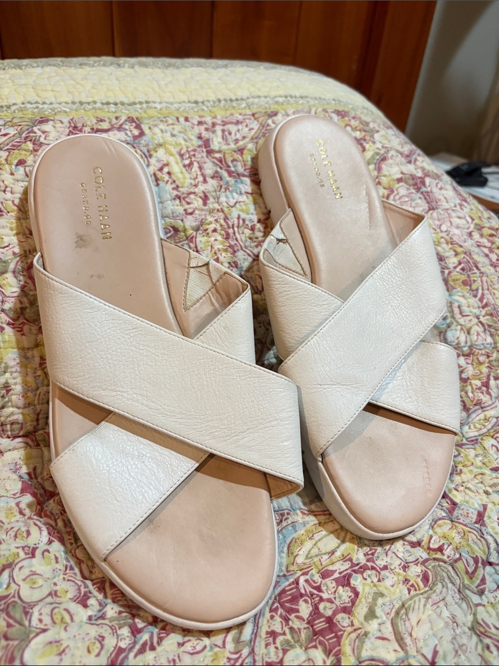 Cole Haan Cream Leather Crisscross Slide Sandals